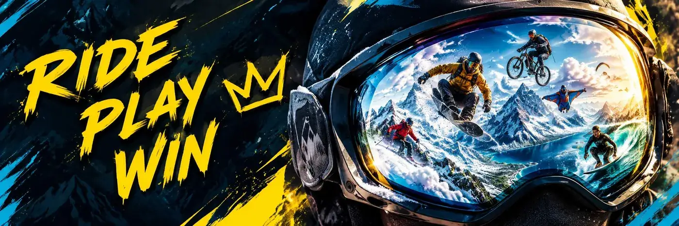 Bannière Ride Play Win avec un masque de ski reflétant des riders